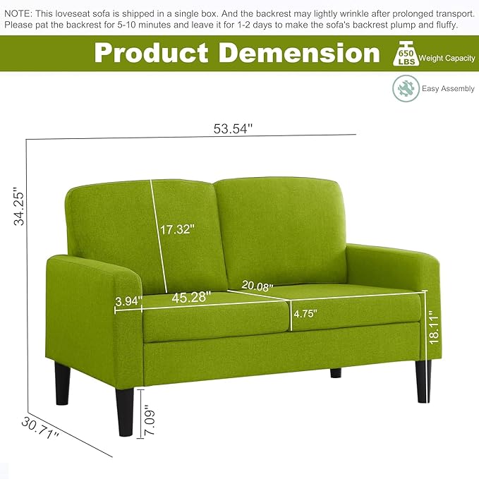 asunflower Small Loveseat 52Inch Small Space Couch Comfy Linen Fabric Love Seats, 2 Seater Sofa Office Couch Tool-Free Assembly for Bedroom,Drom Room,Kid's Room,Green