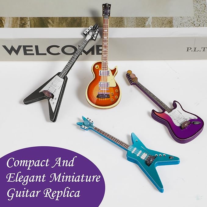 4Pcs Mini Electric Guitar & Bass Guitar Ornament, 1:12 Scale Wooden Miniature Musical Instrument for Mini Music Room, Home Decoration(Purple, Blue, Brown, Black)