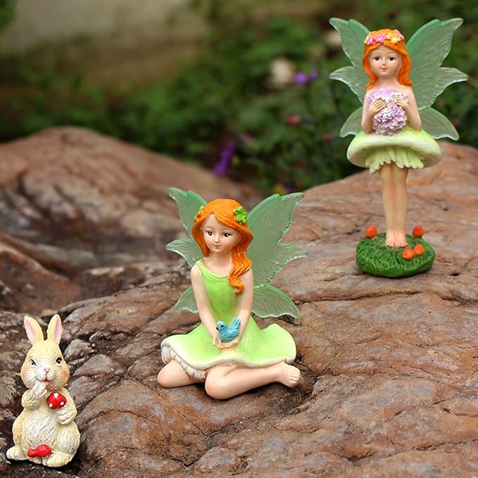 KOCNYDEY Mushroom Garden Miniatures Fairies Luminous Wings, Mini Garden Figurine Set Fairies Statues with a Rabbit for Outdoor Garden Yard Lawn Home Decor Lovely Resin Fairy Angel Accessories 3 PCS