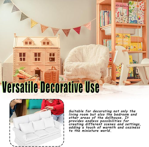 1:12 Scale Dollhouse Sofa with 3 Pillows, Miniature White Wooden Living Room Furniture for Doll House, Realistic DIY Scene Decoration and Collectible Accessory