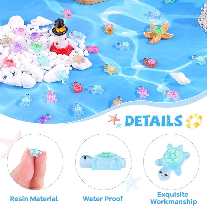 200PCS Mini Resin Animals Colorful Tiny Turtles Glow in Dark, Miniature Figures to Hide, Little Animal Small Figurines for Topper Desk Garden Dollhouse Landscape Aquarium Ornaments Crafts & Decor