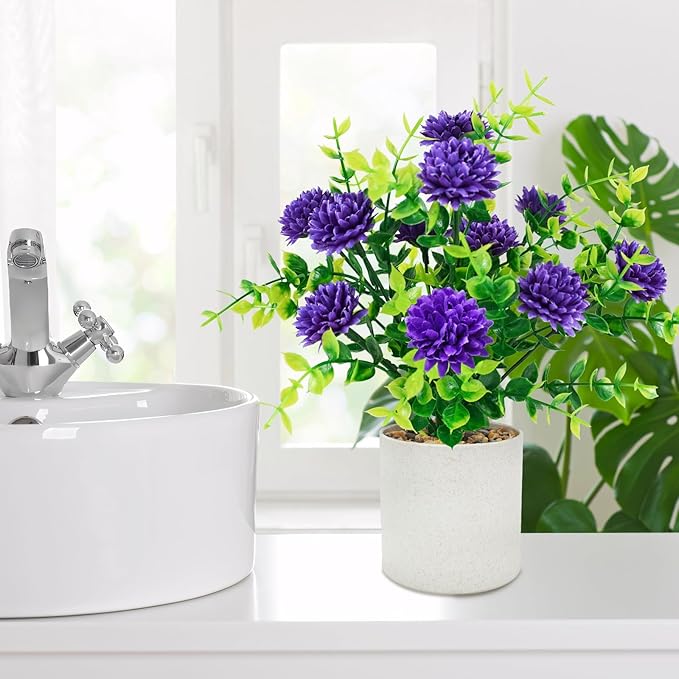 Luiywan 8 Packs Small Fake Plants Mini Artificial Potted Flowers Plastic Small Faux Potted Plants Indoor for Home Room Office Shelves Spring Decor, Purple