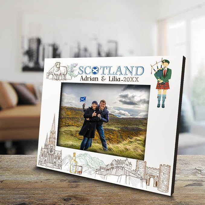 BELLA BUSTA-Personalized Europe Travel Picture Frame– Custom Scotland Photo Frame with City & Country-Honeymoon, Vacation, Adventure, Favor Keepsake (Scotland (5x7 Horizontal)