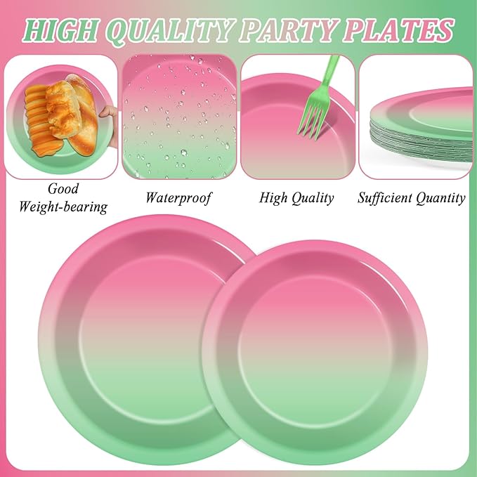 96Pcs Witch Birthday Party Decorations Gradient Pink and Green Tableware Witch Theme Paper Plates Napkins Forks Movie Dinnerware Party Supplies for Women Girls Birthday Baby Shower Serves 24 Guests