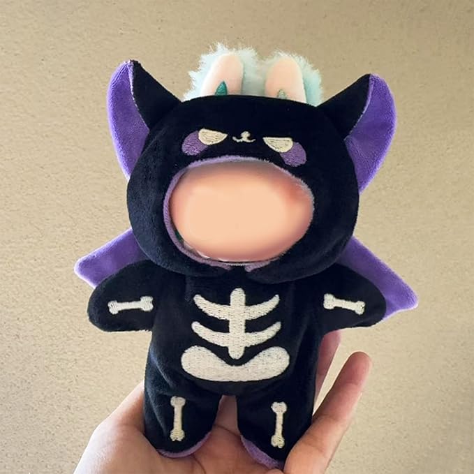 Clothes for LABUBU Doll (NO Doll), 2-Piece Plush Devil Skeleton Accessories for LABUBU 17cm Dolls, Premium Fashion Outfit for LABUBU Unique Dress Up - Demon Hood + Skeleton Jumpsuit
