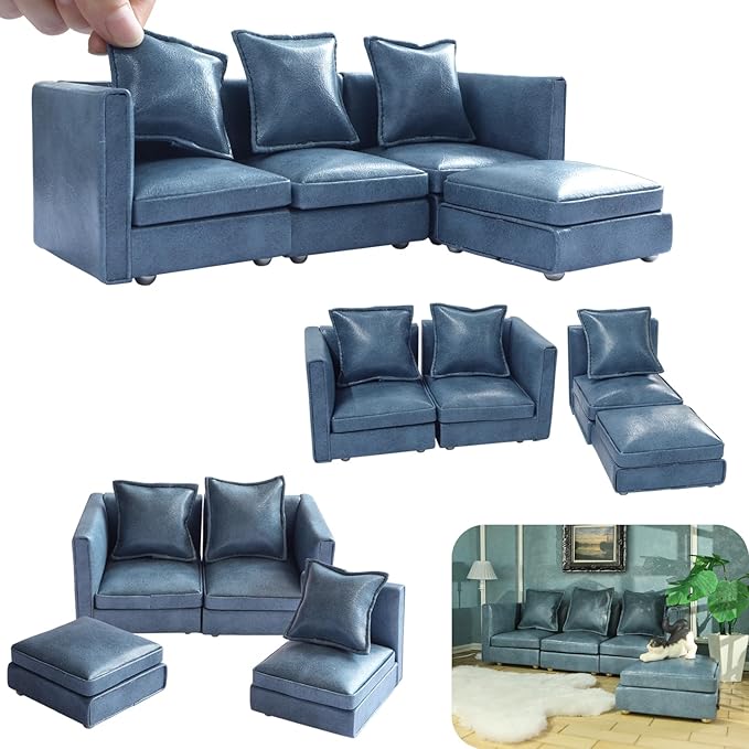 iLAND Dollhouse Furniture Miniature Sectional Couch Set for Doll House Décor Fit 1/12 Scale Accessories, Modern Blue Faux Leather Sofa Timeless & Classic