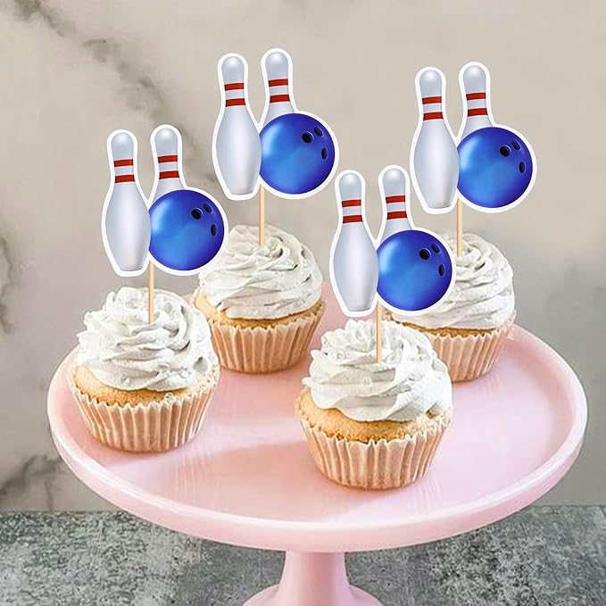 Ercadio 24 Pack Double Sided Bowling Cupcake Toppers Sports Bowling Cupcake Picks Bowling Birthday Cake Decorations Baby Shower Bowling Sports Theme Party Cake Decorations