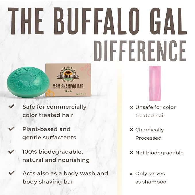 BUFFALO GAL MSM Shampoo Bar - Non-Soap, pH Balanced, Natural Bar for All Hair Types, 4 oz