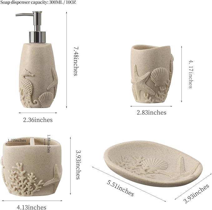 Haocoott Bathroom Accessories Set, 4 PCS Bathroom Accessory Sets with Soap Dispenser, Toothbrush Holder, Tumbler, Soap Dish, Bathroom Countertop Organizer, Sea Bathroom Decor (Beige)