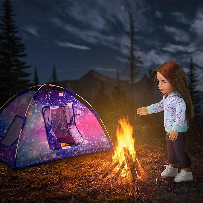 Ecore Fun 5 Items 18 inch Dolls Camping Tent Set and Accessories Including 18 Inch Girl Doll Tent, Sleeping Bag, Backpack, Toy Camera and Dog