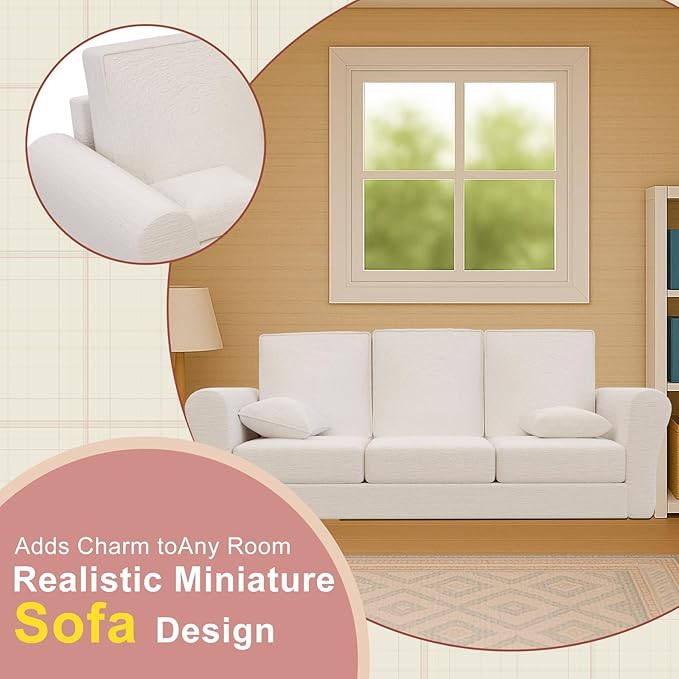 Doll House Furniture Couch, 1:12 Scale Miniature Sofa for Dollhouse Living Room, Doll Sofa for Kids & Collectors – Fashion Style Doll House Furniture Couch for Dolls