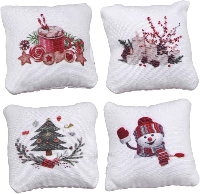 4Pcs Dollhouse Christmas Pillows, Miniature Sofa Pillow, Dollhouse Accessories, with Xmas Pattern, for Christmas Doll House Living Room Decor, 1.6x1.6 Furniture Bedroom Furniture