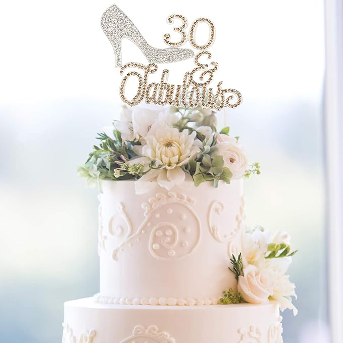 LINGTEER 30 Fabulous High Heel Silver Rhinestone Crystal Cake Topper Perfect for 30th Birthday Anniversary Party Keepsake Sparkle Decoration