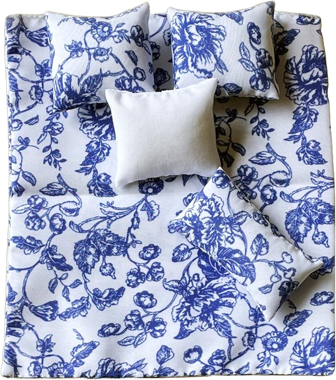 Dollhouse Bedding, 5 Piece Set with Comforter & Pillows, Blanket, Realistic Bedroom Accessories for 6 inch Dolls, 1/12 Scale, Blue Flowers and White Cover