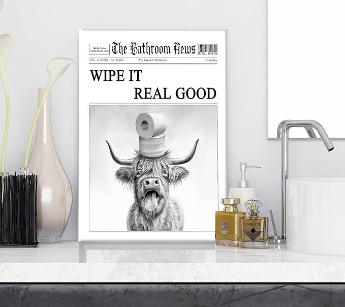 VPUQWGKE Black White Highland Cow Bathroom Canvas Wall Art Funny Highland Cow Toilet Paper On Head Picture Painting Bathroom Animals Print Wall Decor Farmhouse Decoration 12x16in Can Be Hung Directly