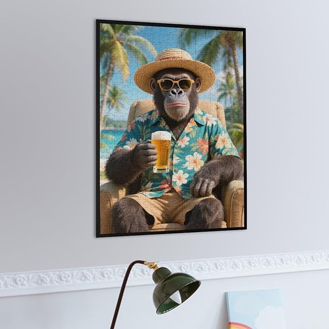 Summer Gorilla – 500 Piece Jungle Wooden Jigsaw Puzzle, Playful Summer Gorilla Artwork, Brain Teaser, Family Fun, Stress Relief