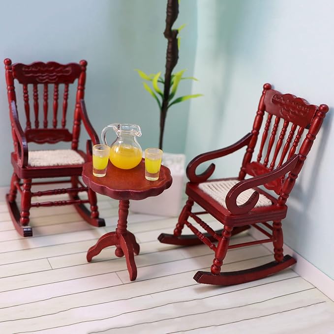 Dollhouse Chairs 2PCS Miniature Rocking Chair 1:12 Scale Wooden FurnitureAccessories Tiny Mini House Home Outdoor Cake Topper Decoration ModelLiving Room Scene Christmas Craft Displays (Red)