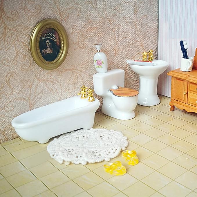 1/24 Scale Simulation Ceramic Dollhouse Miniature Bathroom Set 3 Colors Bathtub Toilet Sink (Pure White)