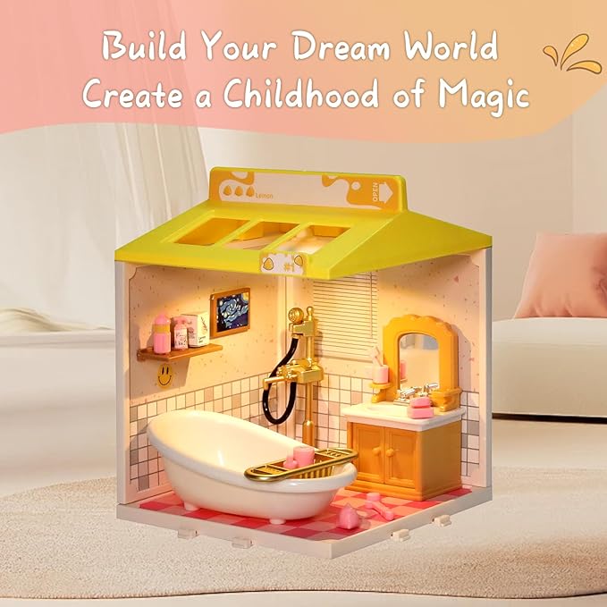 DIY Miniature House Play Kit,Playhouse Toys for Boys and Girls, Home Scene Toys, Suitable for Children Aged 345678, immersive Experience of Life Scenes (Sweet Bubbles Bathroom)