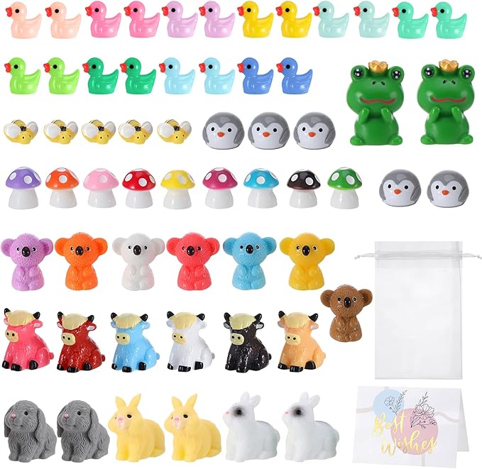 60 Pcs Mini Resin Animals with Organza Bag Card Miniature Resin Frog Rabbit Highland Cattle Koala Penguin Duck Mushroom Bee for DIY Cake Decoration Ornaments Crafts Moss Landscape