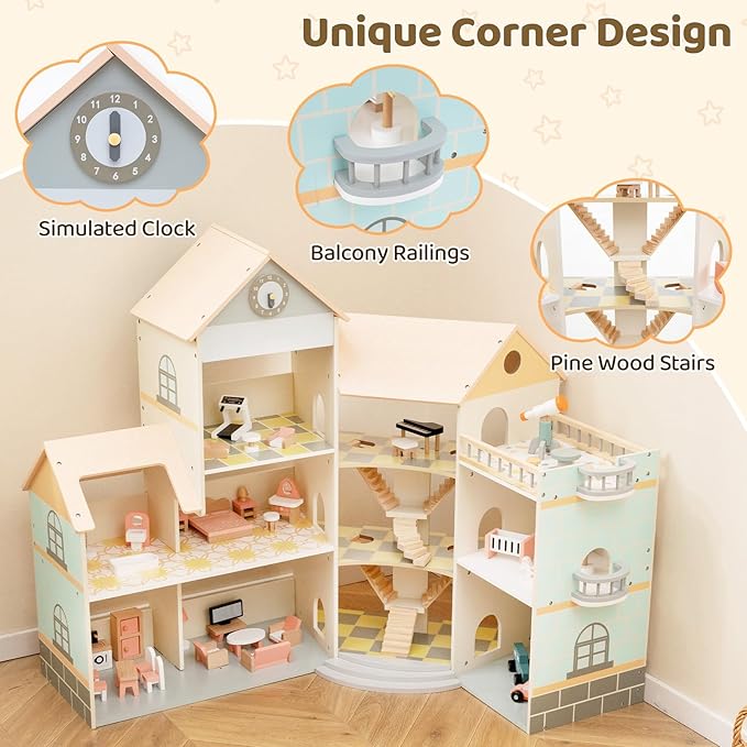 Costzon Wooden Dollhouse for Kids, DIY Pretend Dollhouse Playset w/ 41 Pieces of Furniture & Accessories, 7 Rooms, Balcony Patio & Garage, Corner 3-Story Luxury Doll House, Gift for Kids 3+ Years