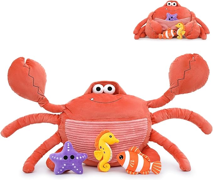 4Pcs Giant Crab Plush Toy Set, 43.3" Weighted Crab Stuffed Animal with 3 Small Cute Stuffed Sea Animal, Seahorse Starfish Clownfish Plushies Gift for Kids, Under The Ocean Party Favor, Red