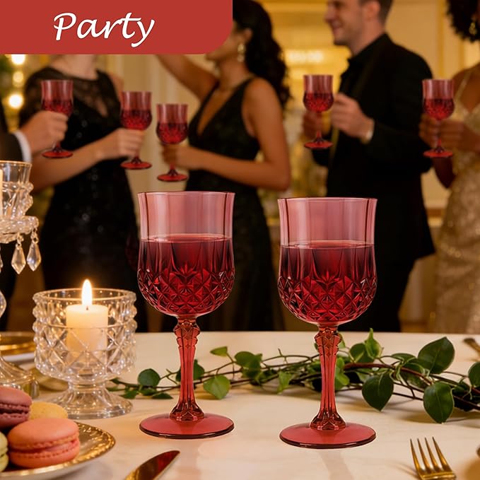 LEYIQU Plastic Wine Glasses, Plastic Goblets Vintage Style Cordial Drinking Glasses for Valentine’s Day, Wedding Reception, Grand Event Party Supplies (24, Scarlet Rose)