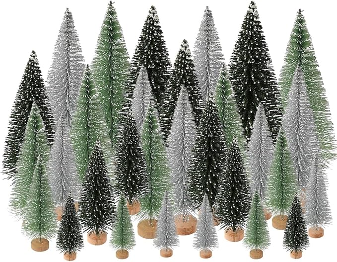 Yahpetes Christmas Tree 30 Pcs Artificial Christmas Trees Bottle Brush Trees with 5 Sizes, Sisal Snow Trees with Wooden Base for Christmas Crafting and Designing(Silver,Green,Dark Green, 30Pcs)