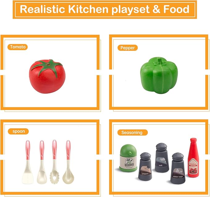Bruvoalon 32Pcs Kids Play Kitchen Toys Set, Toddlers Pretend Cooking Playset Acccessories with Pots Pans, Utensils Cookware, Foods, Canned Veges, Learning Gift for Kids Girls Boys (Red)