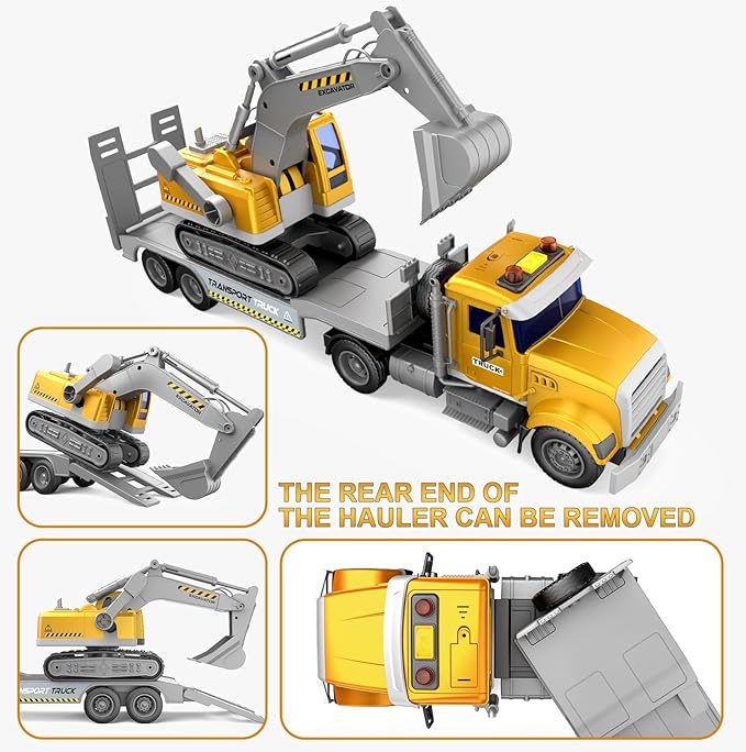 Transports Trucks Kids Toys, 22" Large Semi Truck Toy Carrier and Excavator Truck with Sound&Light,Friction Powered Cars Toys Birthday for Childs-Yellow