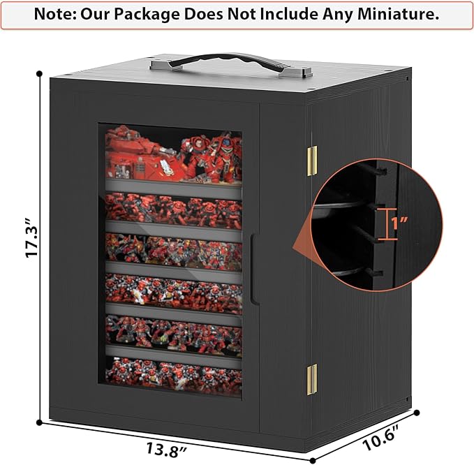 Miniature Storage Case for Collectibles, Miniature Display Cases with Magnetic Door and 6 Trays, Clear View Miniatures Transport Case (Black)