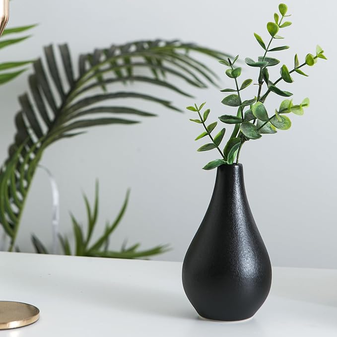 Small Ceramic Vase Set of 5, Black Bud Vase with Boho Decorative Design for Fireplace, Entryway & Living Room Centerpiece