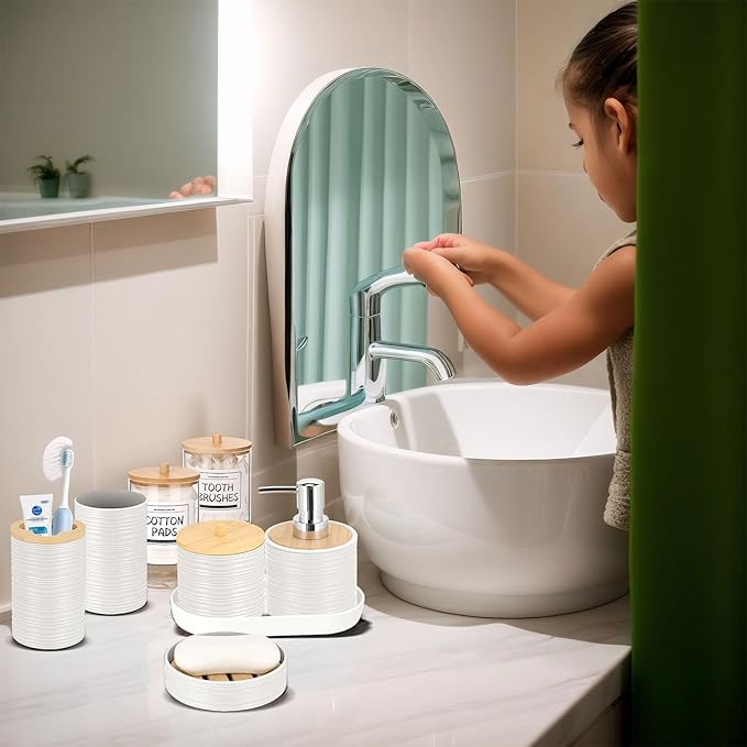 IMAVO Bathroom Accessory Set-11Pcs White Bathroom Accessories Set with Trash Can,Soap Dispenser,Soap Dish,Toothbrush Holder,Toothbrush Cup,Toilet Brush Holder,Qtip Holder Dispenser with Labels