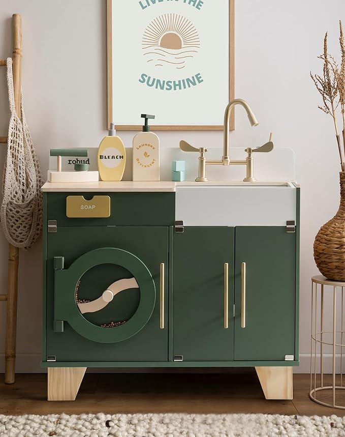 ROBUD Kids Play Kitchen - Wooden Multi-Function Washing Machine for Kids Kitchen Playset - Pretend Toddlers' Kitchen Toy Washer with Accessories - Perfect Baby Gift for Ages 3-8