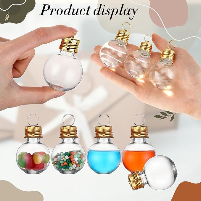 Bokon 50 Pack 1oz Mini Plastic Potion Bottles with Lids, Small Sand Art Bottles Ball Shaped Jar Tiny Clear Wishing Vial for Birthday Christmas Ornaments Halloween Party Decoration DIY Craft (Gold)
