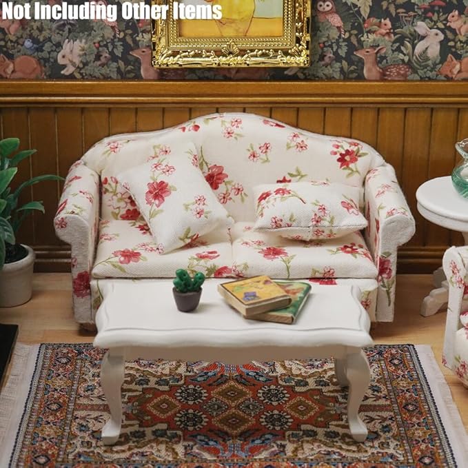 Odoria Dollhouse Couch Loveseat Miniature - 1/12 Scale Upholstered Sofa for Vintage Country Living Room - Mini Settee Chaise Lounge Wood Furniture Floral Red