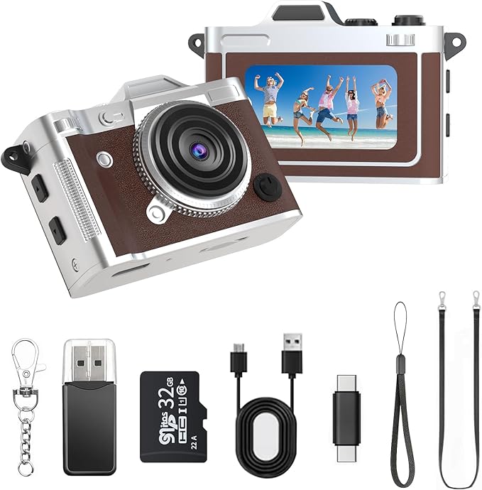 LENANE Mini Keychain Camera - 2K FHD Tiny Retro Digital Camera with 32GB Card, 1.47" Screen & OTG Adapter, Vintage Compact Micro Pocket Camera for Kids,Travel,Party (Brown)