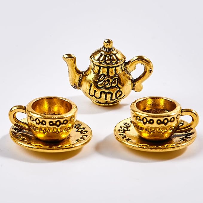 3 Pcs Teapot Tea Cup Set Dollhouse Miniature Tea Cup Set Vintage Coffee Shop Kitchen Accessories,Charm Pendant for Jewelry Making Braclet, DIY Handmade Accessories