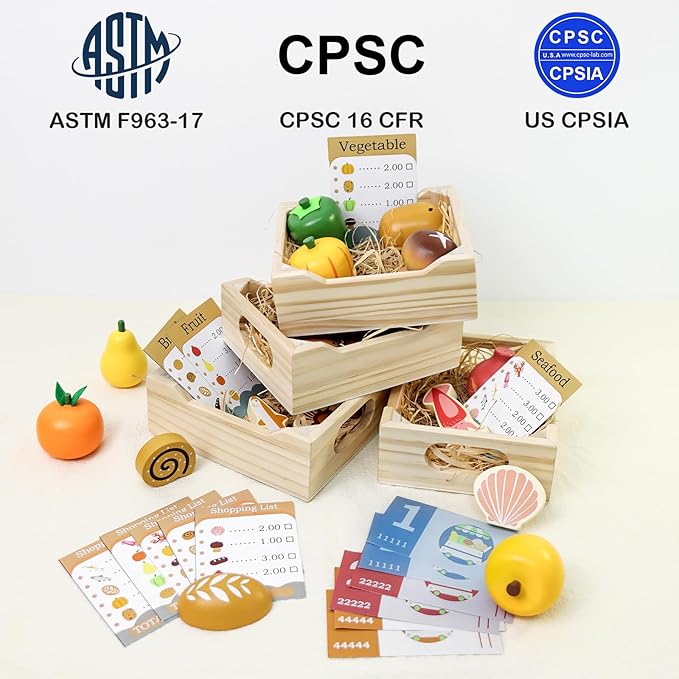Food Groups, 36PCS Wooden Play Food Sets Play Kitchen Accessories, Grocery Store Pretend Play Realistic Toy Foods & 4 Crates & 6 Play Money & 9 Shopping Lists Pretend Food for Toddlers 1-3