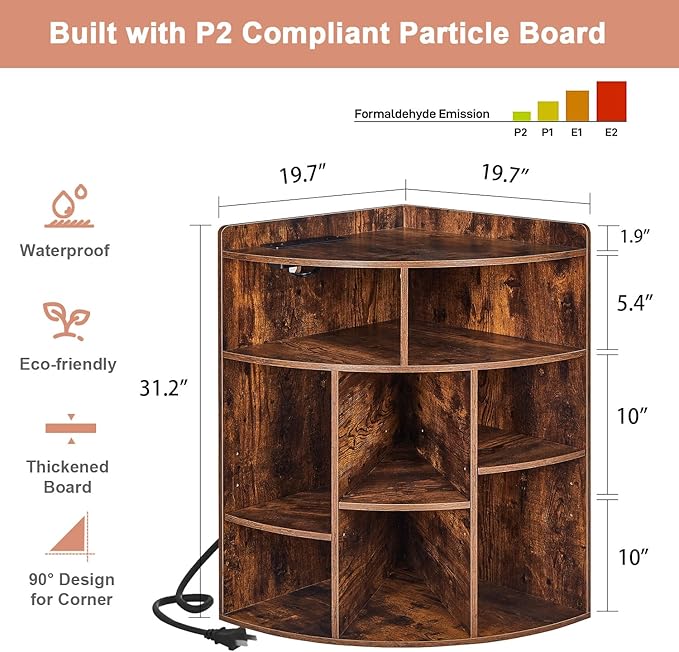 VECELO Corner Cube Shelf with USB Ports & Outlets, Modern Corner Toy Storage Rack with Adjustable Shlef, Wooden Display Bookshelf Bookcase for Living Room, Bedroom, Dining Room, Kitchen, Brown