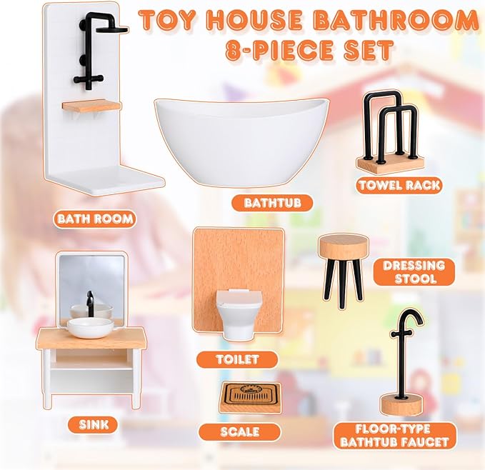 Toyvian 8pcs Dollhouse Bathroom Set: 1 12 Scale Dollhouse Toilet Bathtub Basin Wooden Bathroom Cabinet with Sink Miniature Furniture for Doll Bathroom Accessories