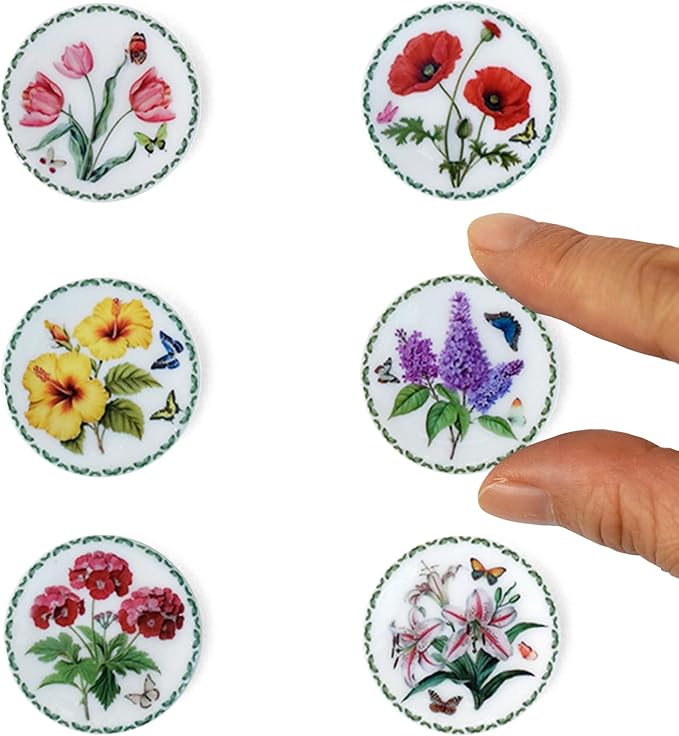 6PCS Handcrafted Miniature Ceramic Plates in 1:12 or 1:6 Scale, Vintage Porcelain Playhouse Dishes (Garden-A, 3CM)