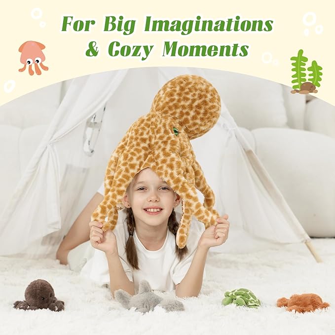5Pcs Giant Octopus Plush, 23.6" Big Octopus Stuffed Animal with 3 Sea Animal Plush Toys(Turtle, Octopus, Crab, Hammerhead Shark), Soft Stuffed Ocean Creature Plushies for Kids