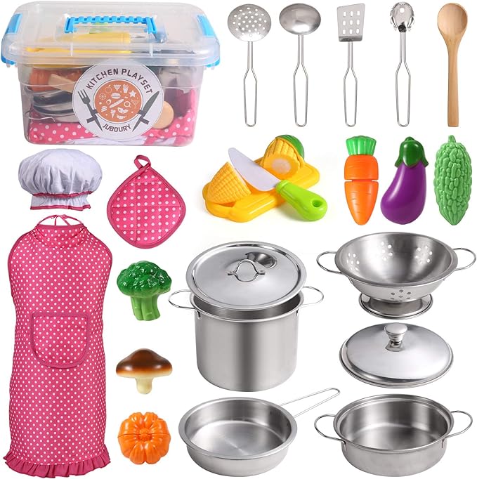 Juboury Kitchen Pretend Play Toys with Stainless Steel Cookware Pots and Pans Set, Cooking Utensils, Apron & Chef Hat, Cutting Vegetables for Kids, Girls, Boys, Toddlers