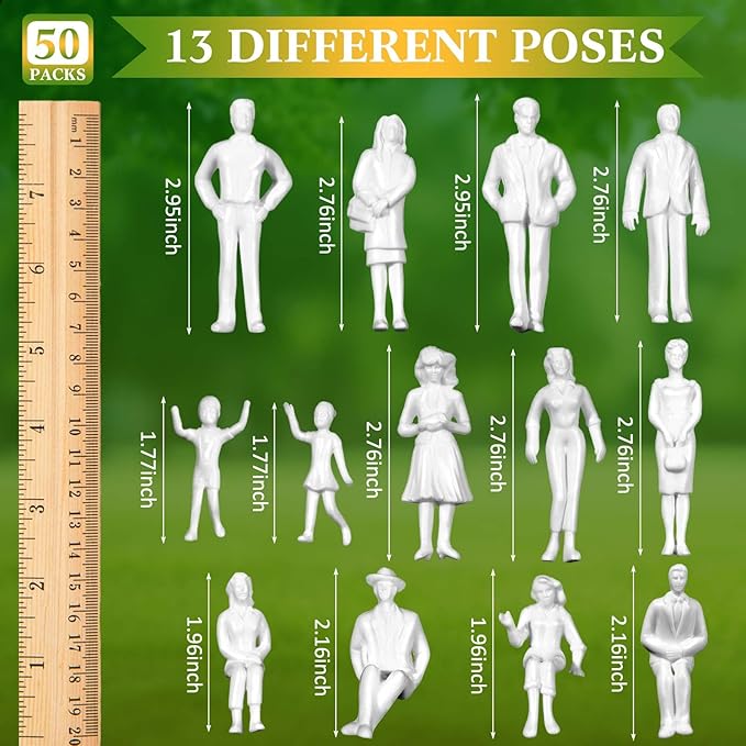 Namalu 50 Pcs 1:25 Scale White Unpainted Mini People Figures Miniature People for Model Trains Architectural Standing and Sitting Mini Diorama Figures for Architectural Project Miniature Scenes