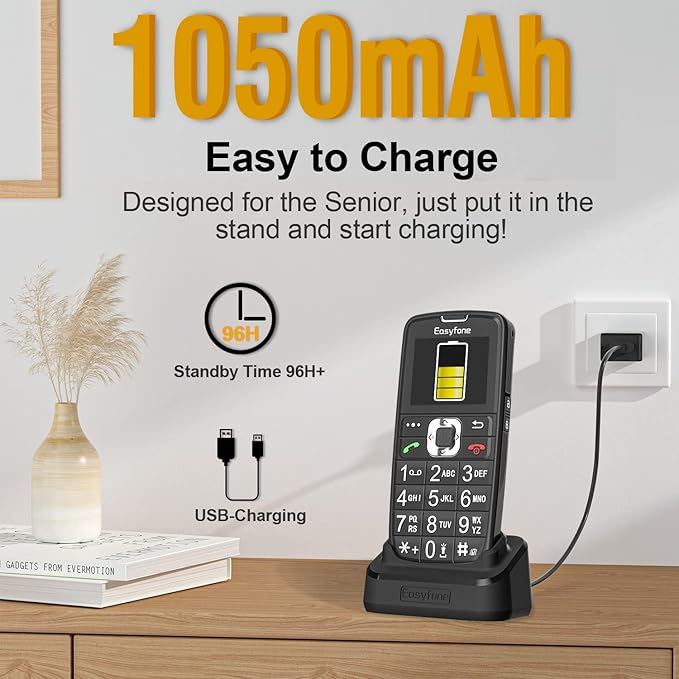 Easyfone A6 4G Unlocked Feature Cell Phone, Easy-to-Use Big Button Clear Sound GSM Basic Mobile Phone with an Easy Charging Dock, No Internet & No Camera (Black)