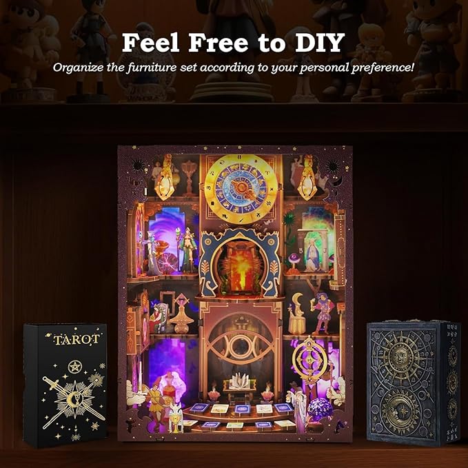 Tarot Book Nook Kit - 3D Wooden Puzzle for Adults, Teens & Beginners, DIY Miniature Bookshelf Insert with LED Light, Mysterious Craft Gift for Family, Friends