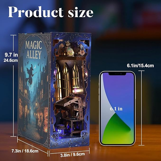 Magic Alley Book Nook Kit - DIY Miniature House Kit for Adults, Teens and Beginners, Magic Miniature Diorama with LED Light, 3D Wooden Puzzle Bookend Bookshelf Insert Decor, Gifts for Fantasy Lovers