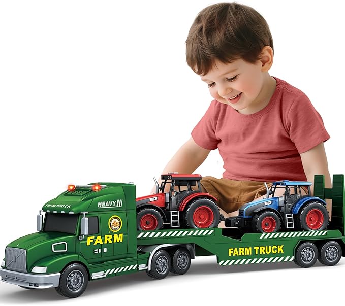 Toddler Boy Toys for 3 4 5 6 7 Years Kids, 27" Semi Flatbed Truck Toy with 2 Tractors, Friction Powered Vehicles Toys with Lights and Sounds, Birthday for Boy Girls