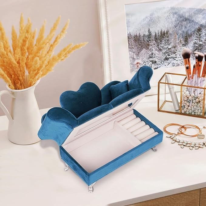 Modern Dollhouse Furniture, 1/6 Scale of Miniature Dollhouse Sofa, Openable Sofa Mini Jewelry Display Storage Box with Mini Mirror for Earrings, Necklaces, Bracelets (Blue Velvet)